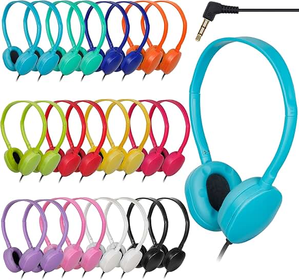 Bulk Kids Headphones Set in 12 Colors for Classroom