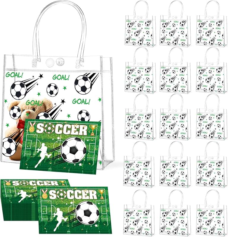 Set of 24 clear soccer-themed gift bags and greeting cards