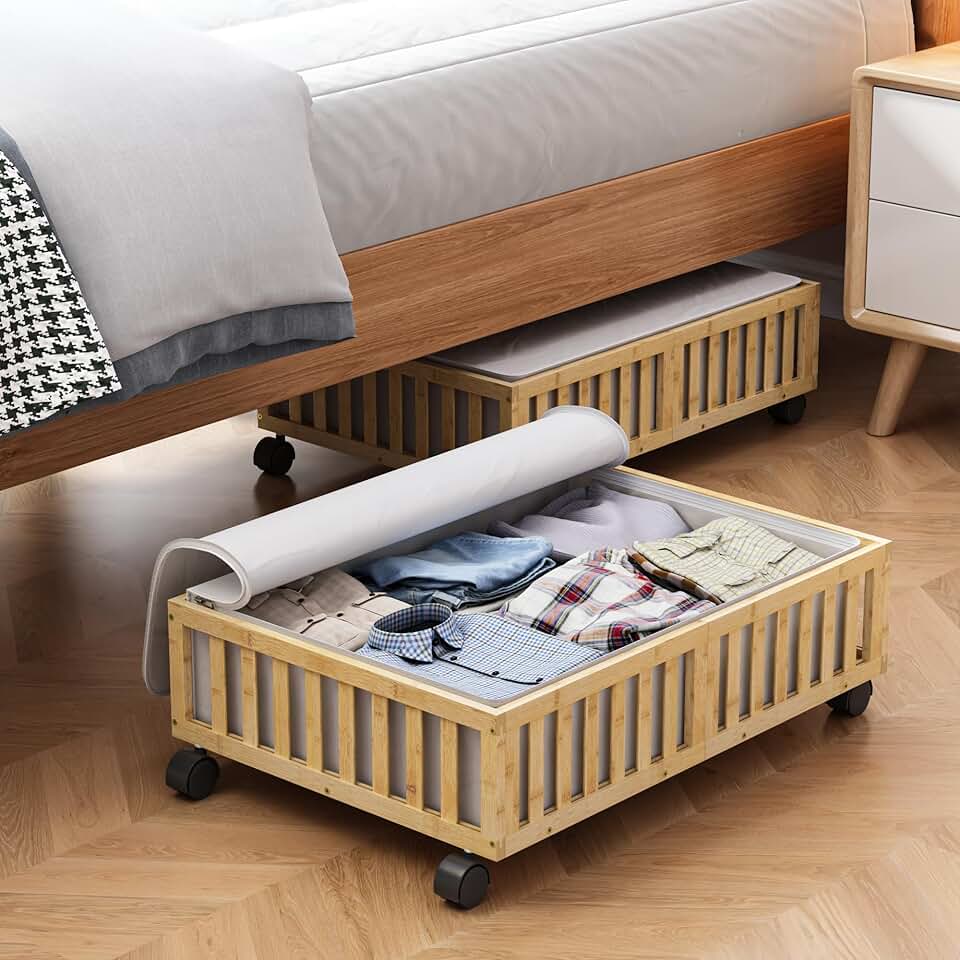Bamboo Under Bed Storage Containers with Wheels, 2 Pack