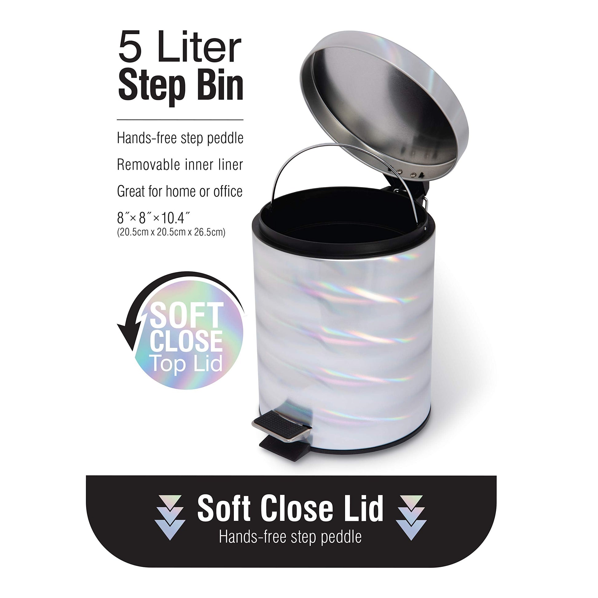Holographic Round Step Pedal Trash Can, Small Space Living, Good for Dorms, Office, Bedrooms, 1 Pack, Irredescent