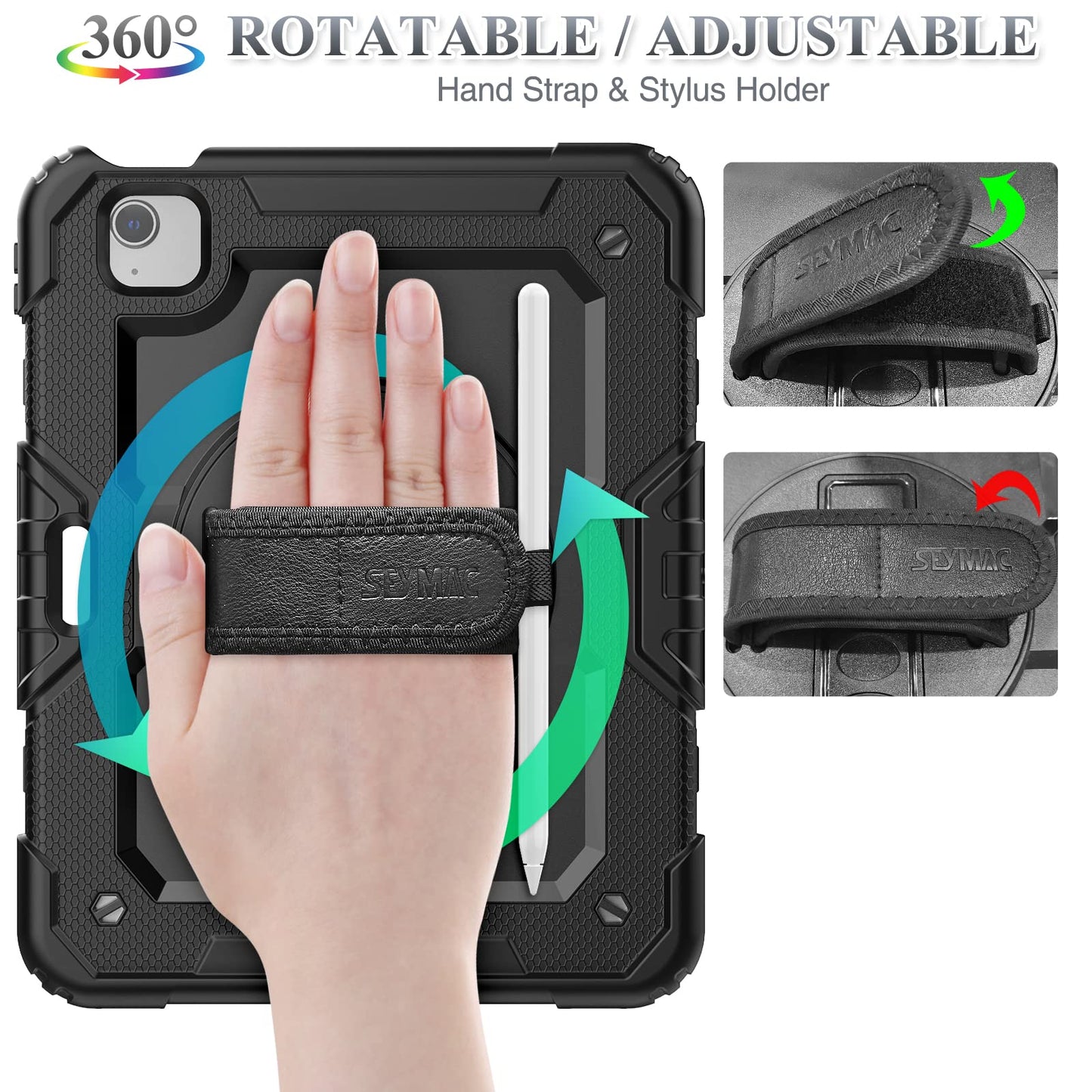 iPad Air 5th/4th Generation/ Pro 11 (3rd/2nd) Case, Full-Body Drop Protection Case with Screen Protector Pen Holder [360 Rotate Hand Strap/Stand] for iPad 10.9/ 11 Inch (Black)