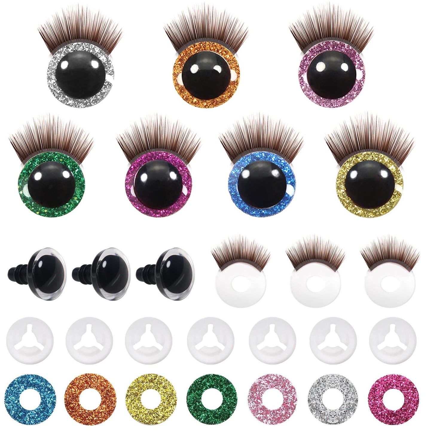 28pcs 12mm Plastic Safety Eyes with Brown Lashes and Glitter Paper Circles