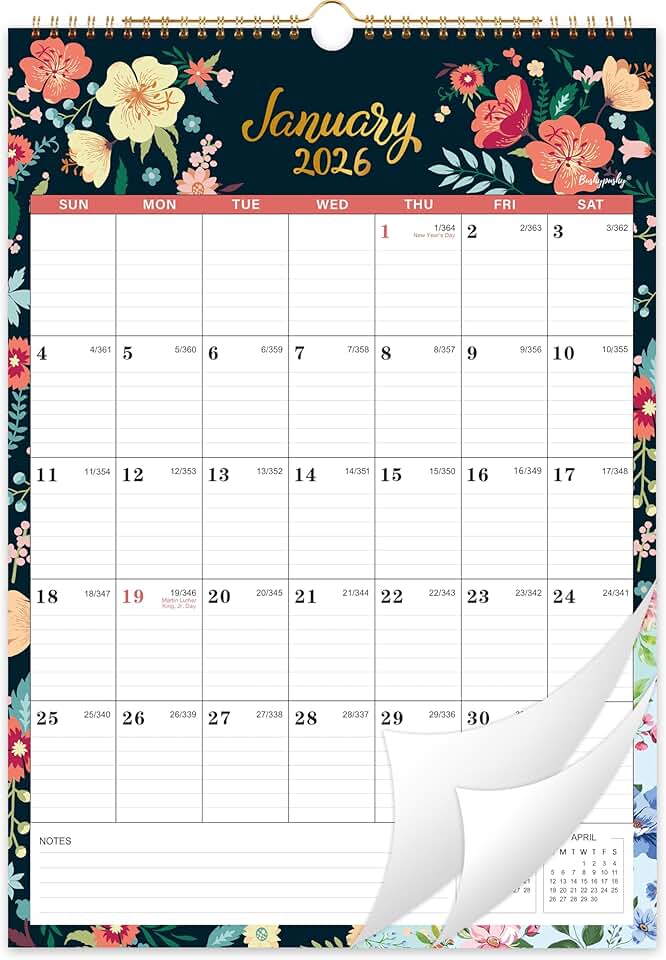 2026 Wall Calendar with Floral Design, 12" x 17"