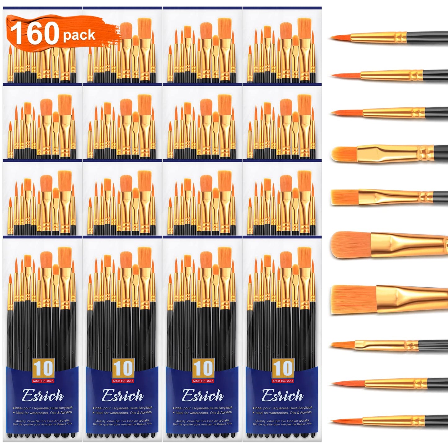 Acrylic Paint Brush Set 16 Packs 160 Pcs Black
