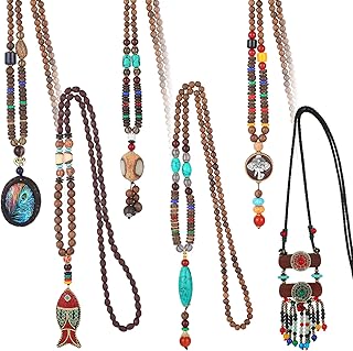 Six Vintage Wooden Boho Necklaces for Women