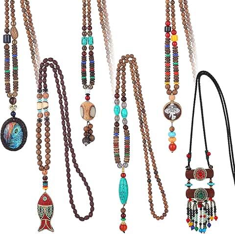 Six Vintage Wooden Boho Necklaces for Women