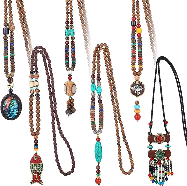 Six Vintage Wooden Boho Necklaces for Women
