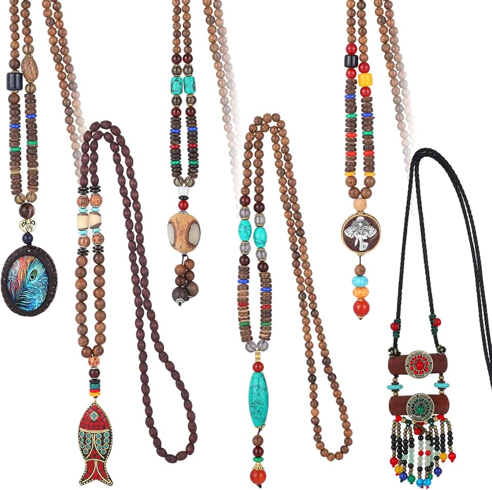 Six Vintage Wooden Boho Necklaces for Women