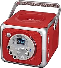 Red portable CD Bluetooth boombox with FM radio and aux-in