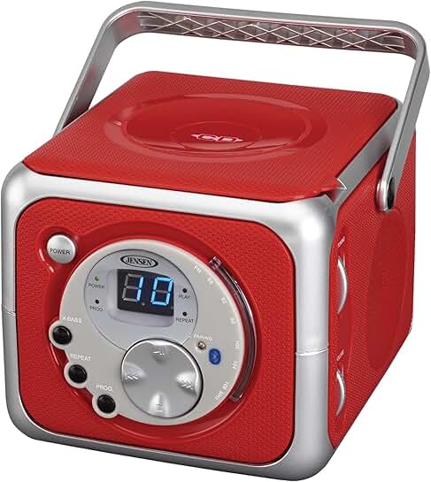 Red portable CD Bluetooth boombox with FM radio and aux-in