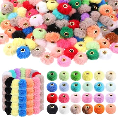 200 Fluffy Faux Fur Pom Poms in Mixed Colors