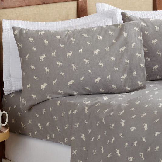 100% Turkish Cotton King Winter Lodge Flannel Sheet Set  Deep Pocket, Soft Sheets  Warm, Double Brushed Camp Bed Sheets  Pre-Shrunk  Anti-Pill Flannel Sheets King, Grey Moose)