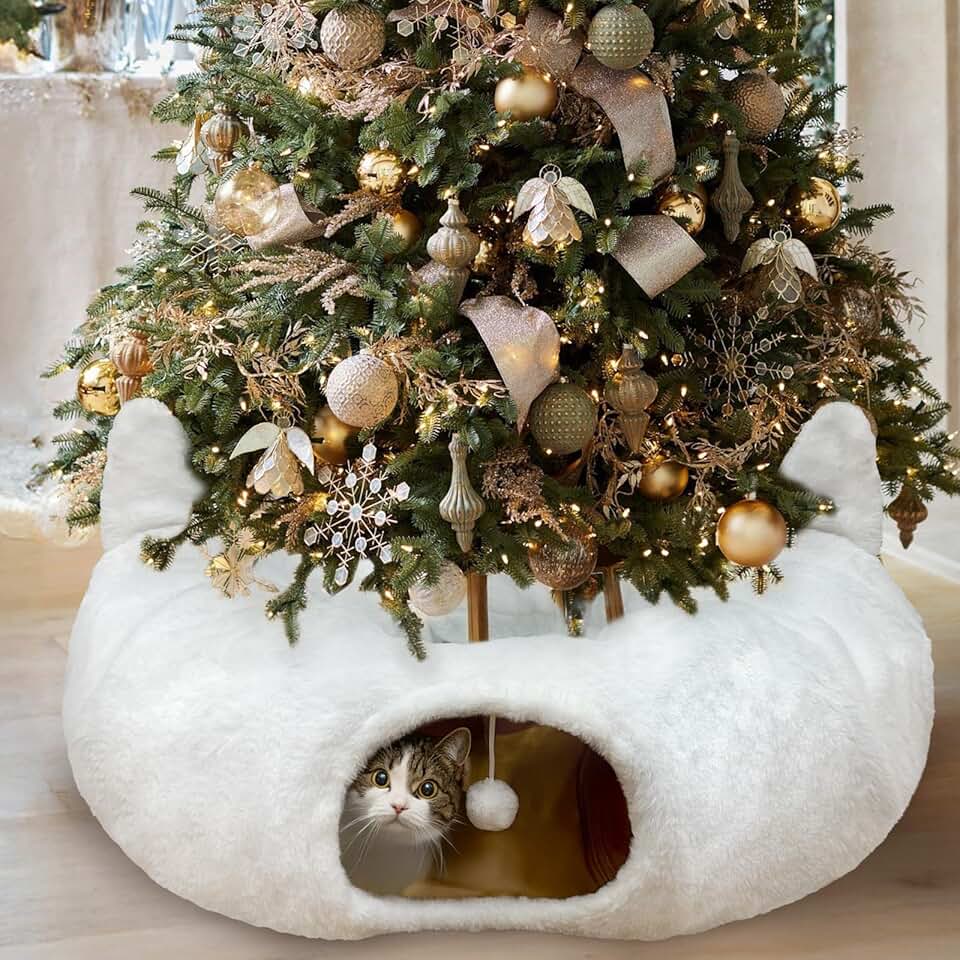 Warm White Cat Tunnel Bed Under Christmas Tree