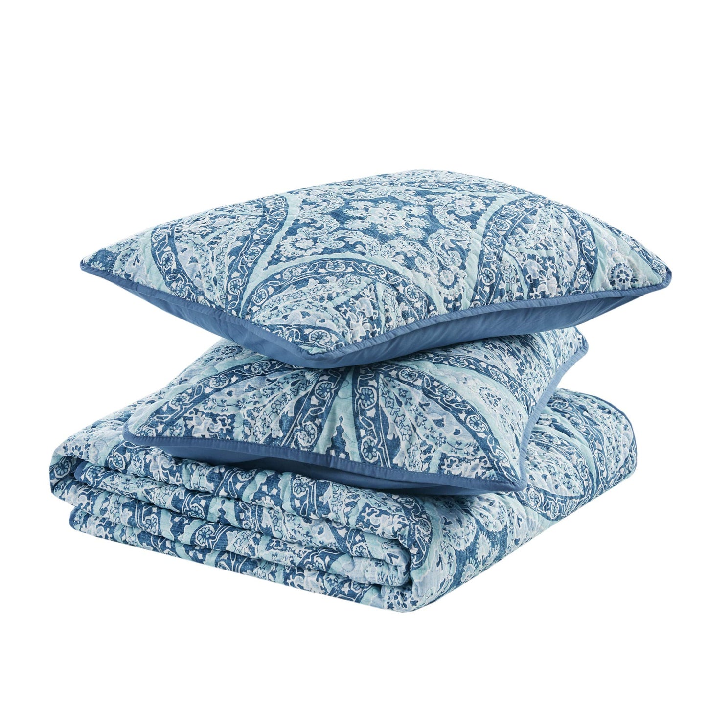 Reversible Quilt Set-Vermicelli Stitching Design All Season, Lightweight, Coverlet Bedspread Bedding, Matching Shams, Full/Queen 90 in x 90 in), Gloria Damask Aqua 3 Piece