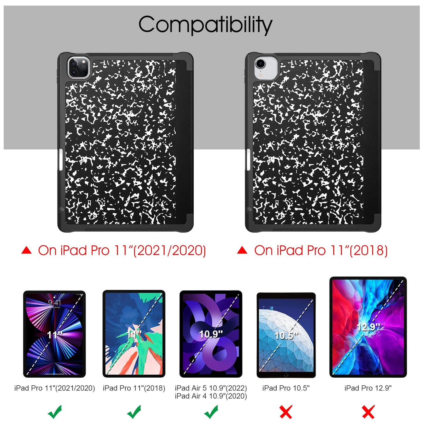 SlimShell Case for iPad Pro 11-inch (3rd Generation) 2021 - Soft Flexible TPU Stand Back Cover with Pencil Holder, Also Fit iPad Pro 11" 2nd Gen 2020 / 1st Gen 2018, Composition Book