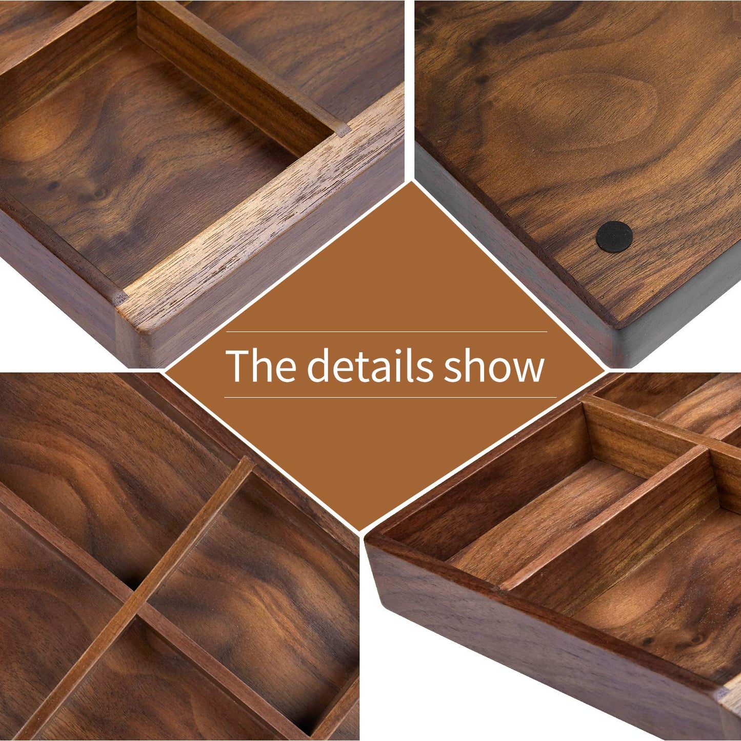 Black Walnut Vintage Wooden Storage Box with 5 Divisions