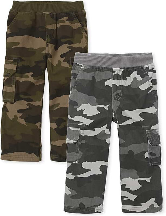 Baby Boys and Toddler Cargo Pants, Night and Olive Camo, 2 Pack