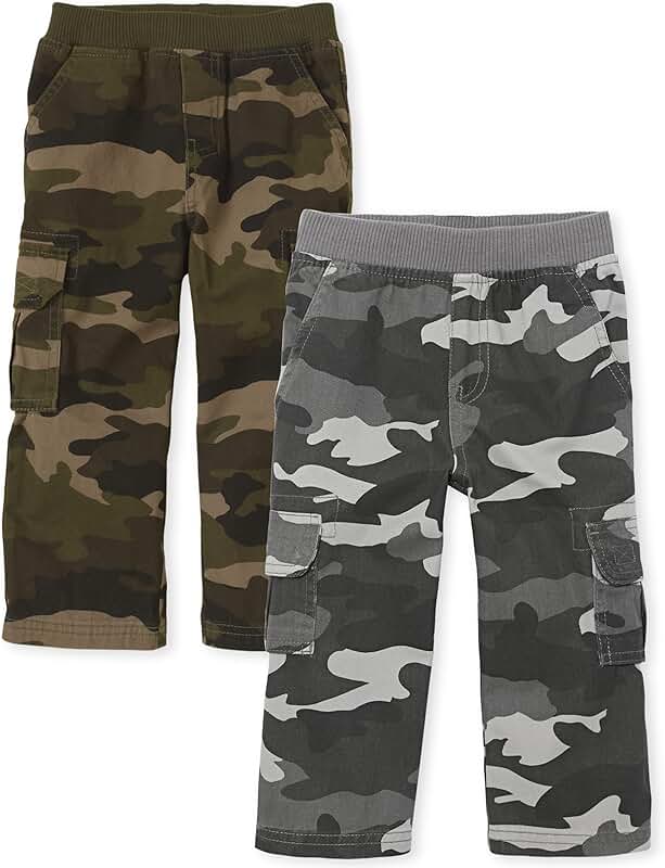 Baby Boys and Toddler Cargo Pants, Night and Olive Camo 2 Pack