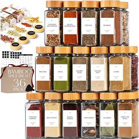 36 Clear Glass Spice Jars with Labels and Bamboo Lids