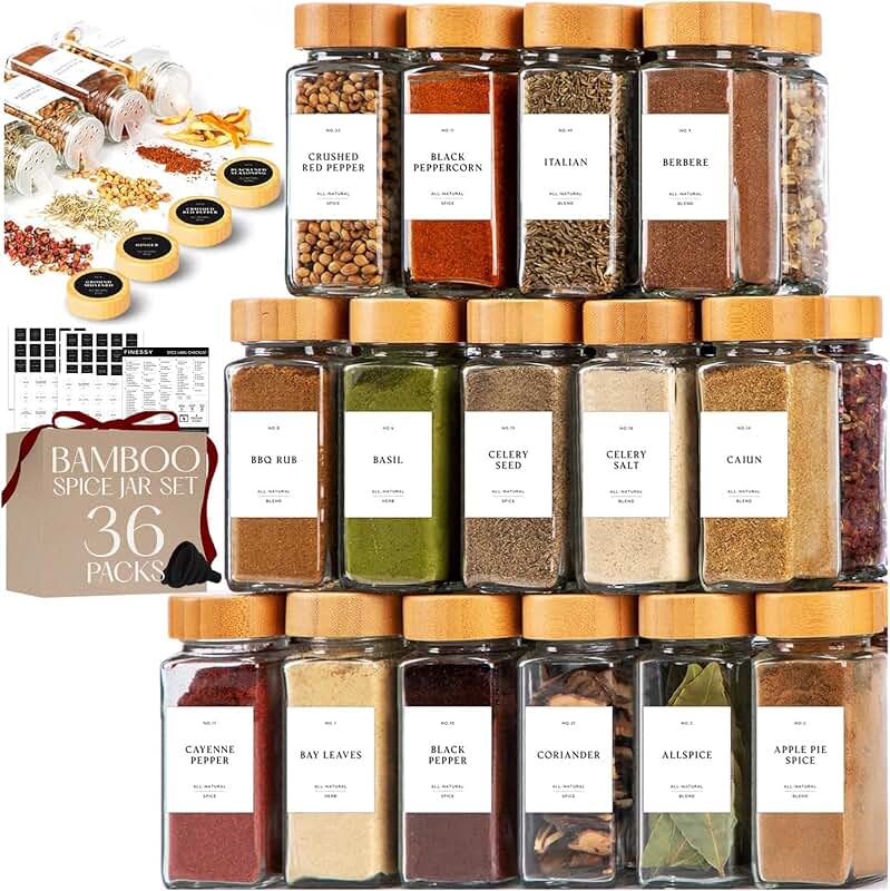 36 Clear Glass Spice Jars with Labels and Bamboo Lids