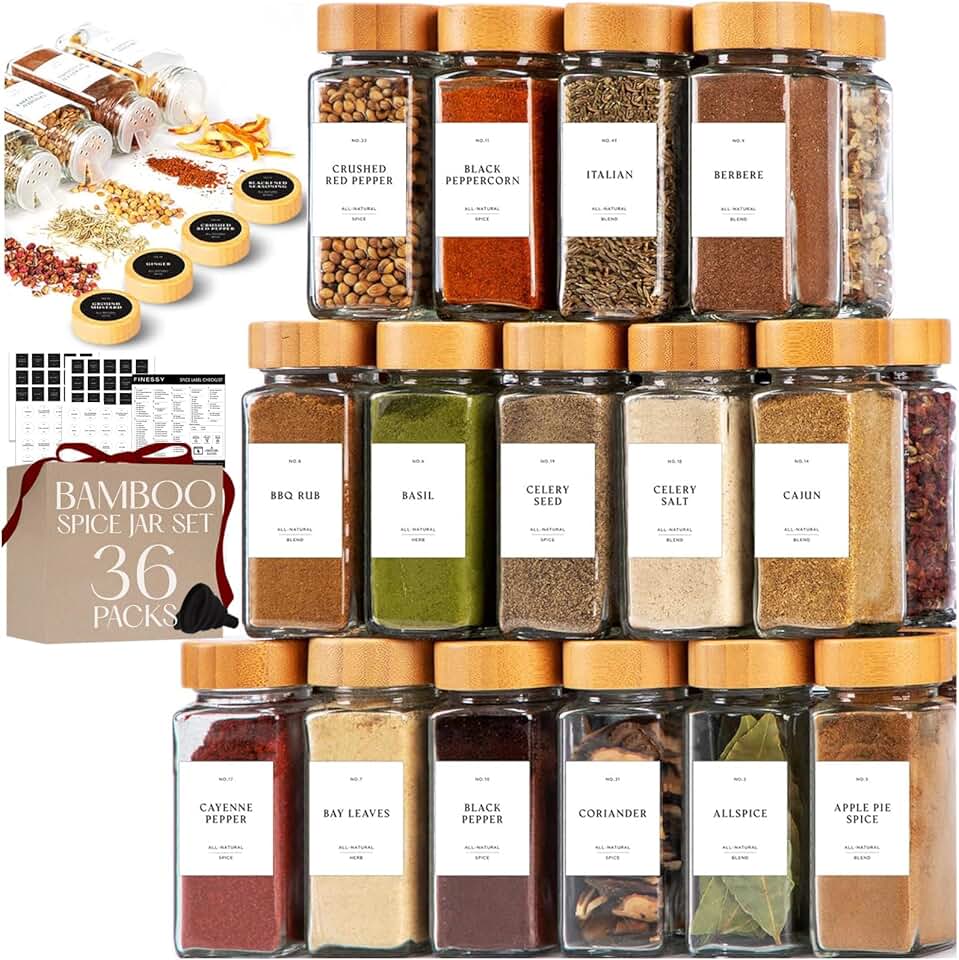 36 Clear Glass Spice Jars with Labels and Bamboo Lids