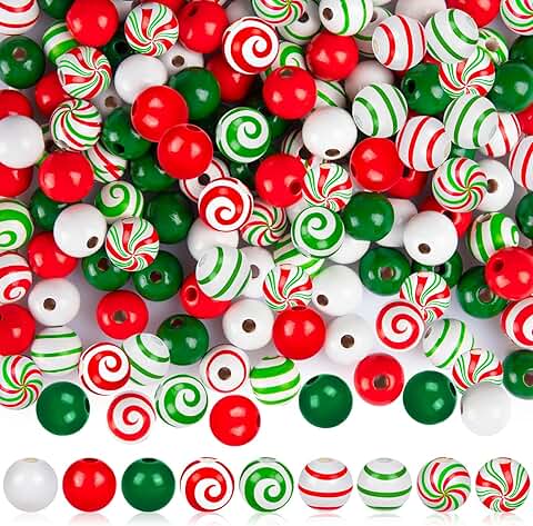 270 pcs Christmas Candy Cane Wood Beads, 16mm Round Stripes