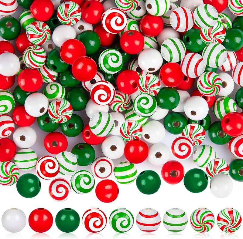 270 pcs Christmas Candy Cane Wood Beads, 16mm Round Stripes