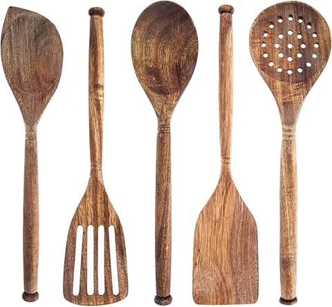 Set of 5 Acacia Wooden Kitchen Utensils, 12 Inches