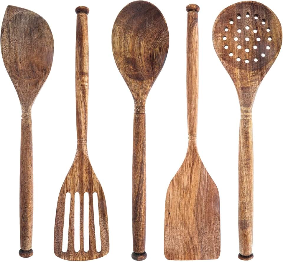 Set of 5 Acacia Wooden Kitchen Utensils, 12 Inches
