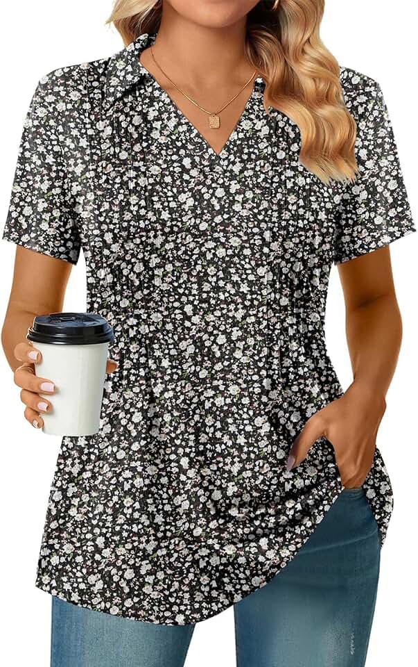 Women's Short Sleeve Polo V-Neck Collared Summer Top