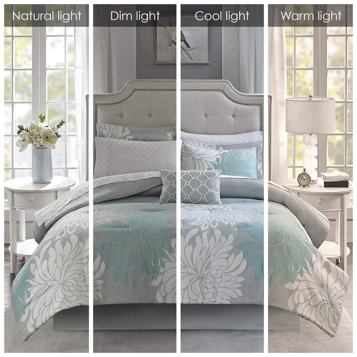Essentials Maible Cozy Bed in A Bag Comforter with Complete Cotton Sheet Set-Floral Medallion Damask Design All Season Cover, Decorative Pillow, Queen 90 in x 90 in), Floral Aqua 9 Piece