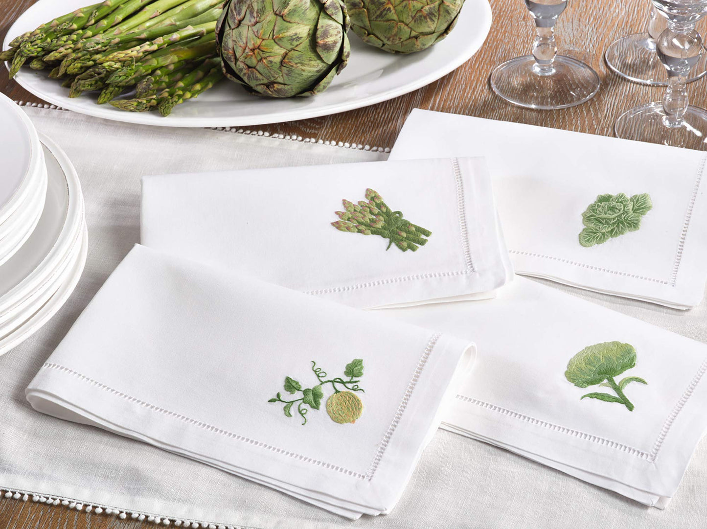 Embroidered Cabbage Square Hemstitched Border Cotton Napkin, Set of 6, 20" x 20", White