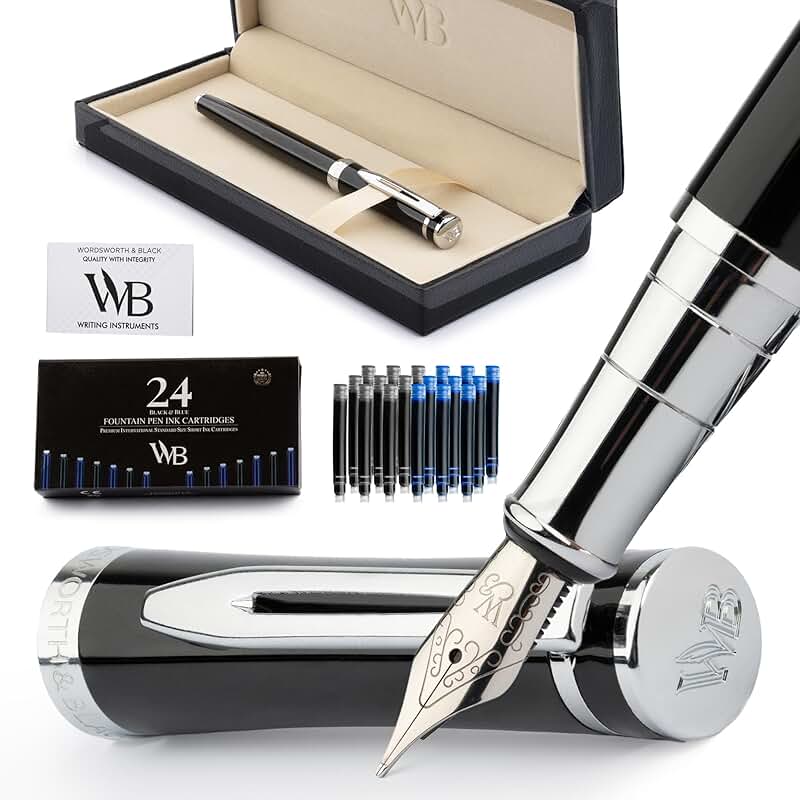Black Fountain Pen Set with Ink and Case