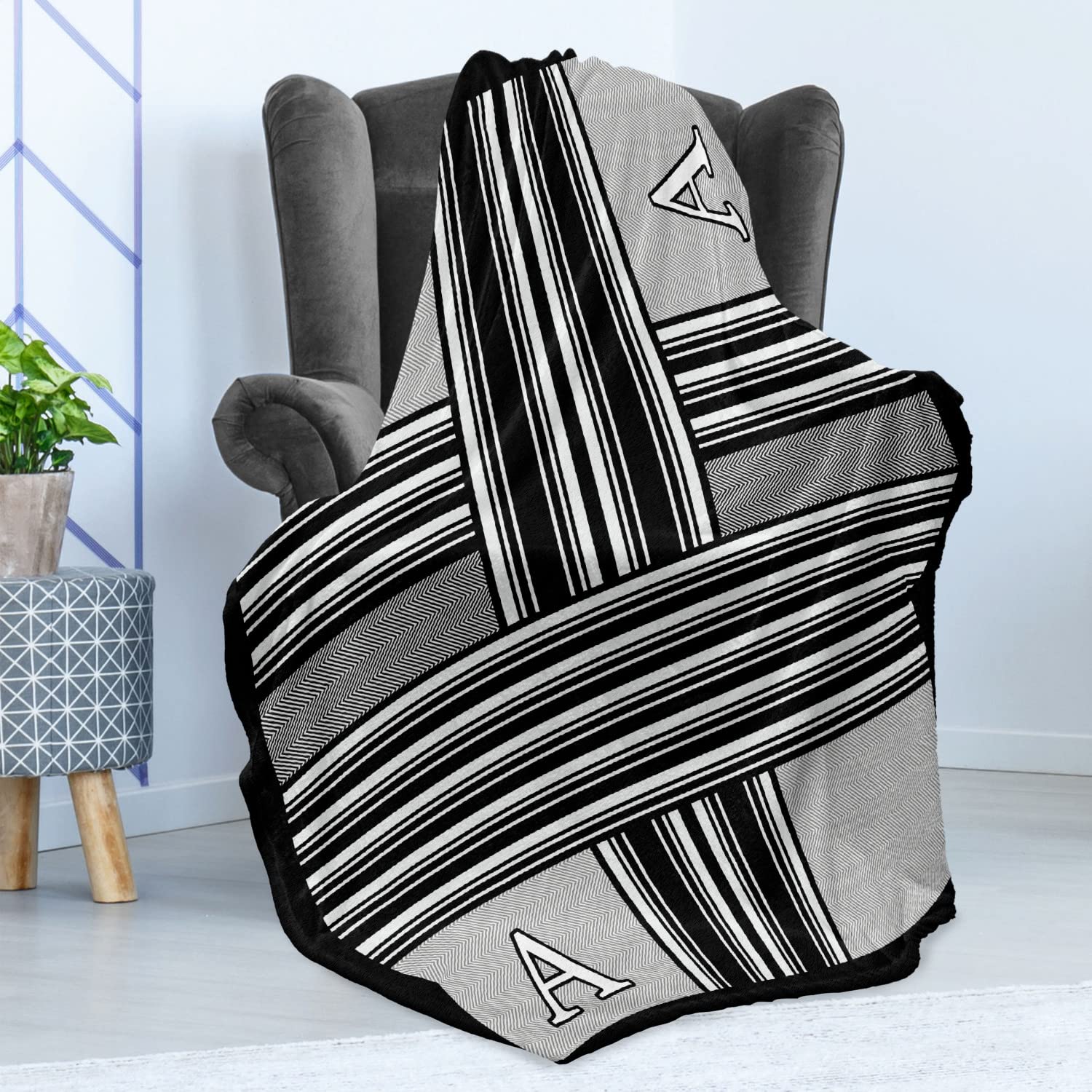 Letter A Throw Blanket, Monochrome Style Lines and Stripes with Old Vintage Look Clic Geometry, Flannel Fleece Accent Piece Soft Couch Cover for Adults, 50" x 70", Charcoal Grey White