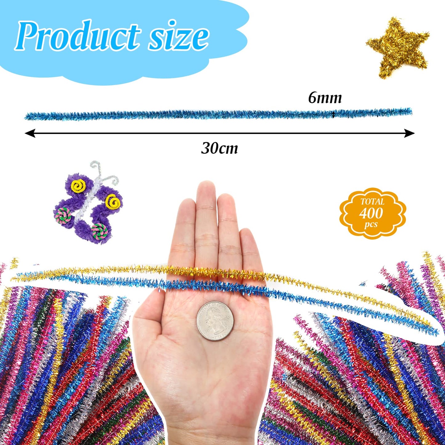 400pcs Sparkling Metallic Pipe Cleaners 6mm x 12in