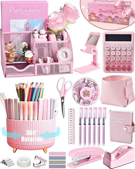 Pink Mesh Desk Organizer with Rotating Pen Holder and Office Supplies