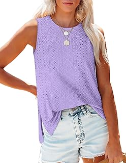 Loose Fit High Neck Eyelet Summer Tank Top for Women