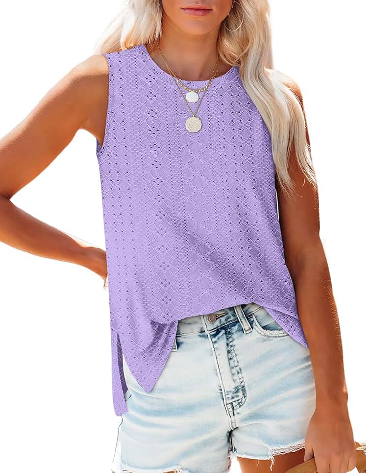 Loose Fit High Neck Eyelet Summer Tank Top for Women