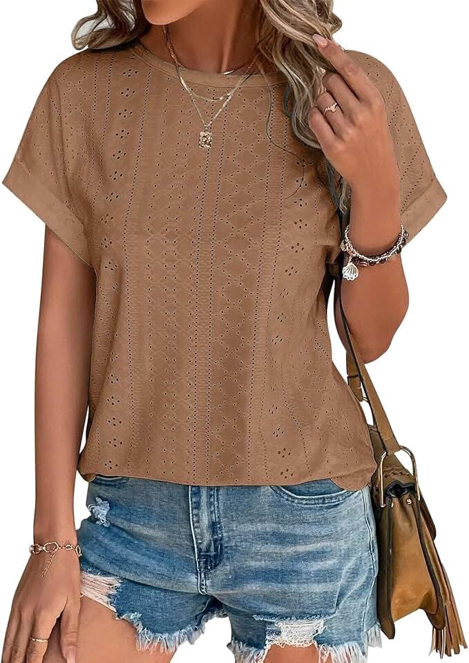 Women's Eyelet Embroidered Short Sleeve Crewneck Top