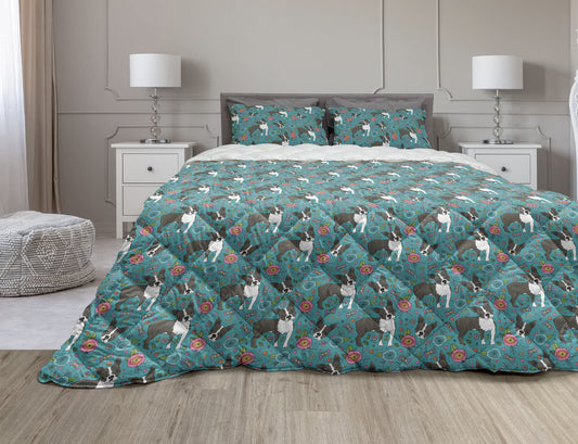Dog Comforter  Sham Bedding Set, Illustration of Boston Terrier Smiling Face Flowers Botanical Heart Butterfly, 3 pcs Duvet Set Microfiber Filling Quilt, King, Teal Charcoal Grey