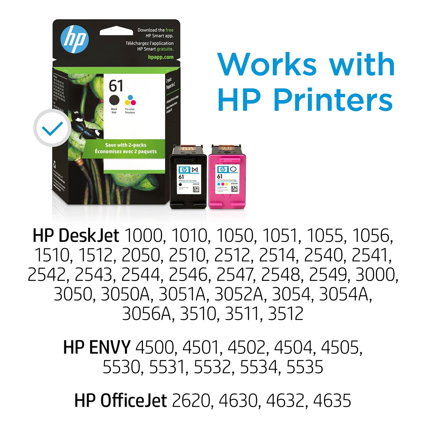 Original 61 Black/Tri-color Ink (2-pack) | Works with DeskJet 1000, 1010, 1050, 1510, 2050, 2510, 2540, 3000, 3050, 3510; ENVY 4500, 5530; OfficeJet 2620, 4630 | Eligible for Instant Ink | CR259FN