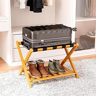 Foldable Bamboo Luggage Rack with Shoe Shelf