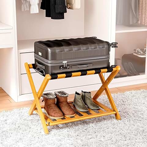 Foldable Bamboo Luggage Rack with Shoe Shelf