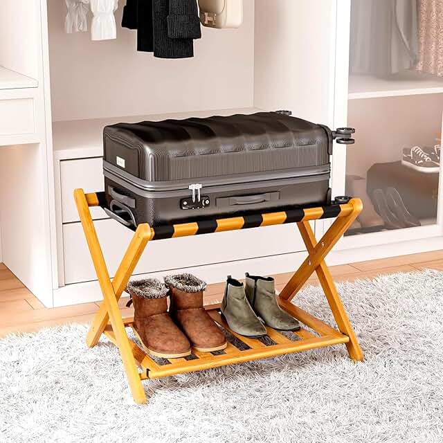 Foldable Bamboo Luggage Rack with Shoe Shelf