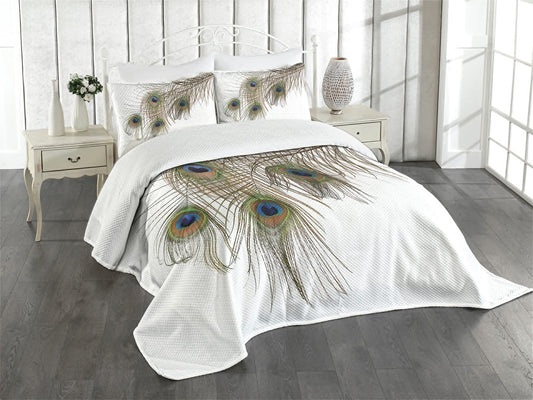 Peacock Bedspread, of Peacock Power Rising Out of Theshes Creature, Decorative Quilted 3 Piece Coverlet Set with 2 Pillow Shams, Queen Size, White Green