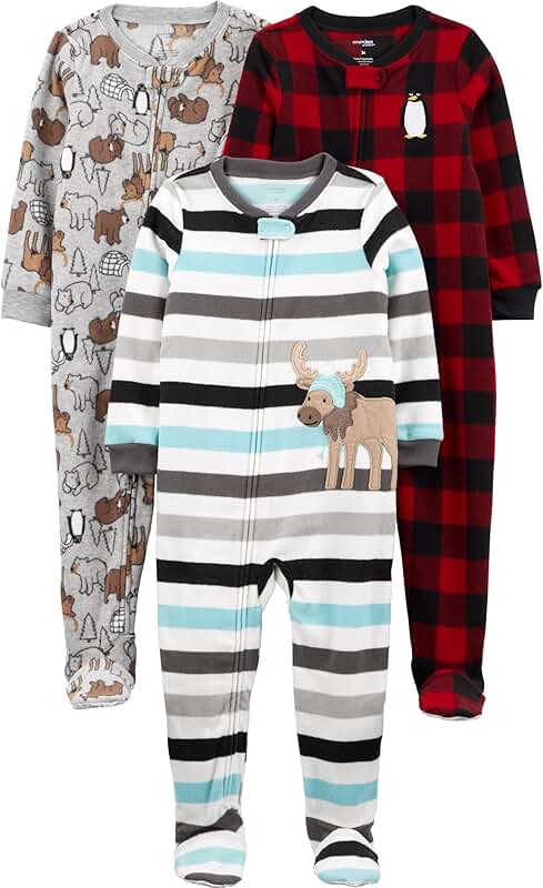 Set of 3 flame-resistant fleece footed pajamas for toddlers and baby boys