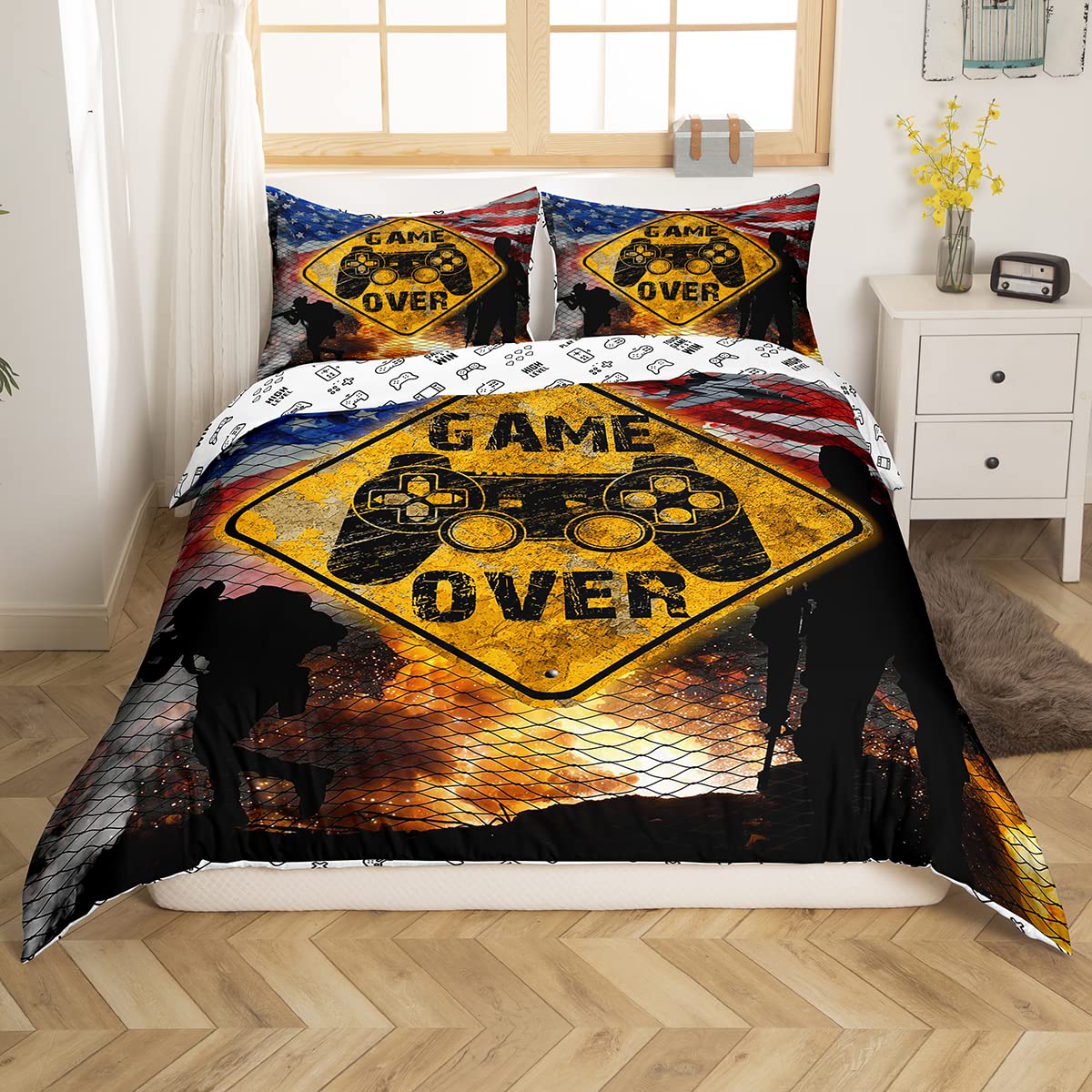 Army Soldier Bedding Set Twin Size for Kids Boys Bedroom, Flag Bed Duvet Cover Set,Modern Gamepad Reversible Comforter Cover Video Games Decor 2 Pieces 1 Duvet Cover with 1 Pillowcase