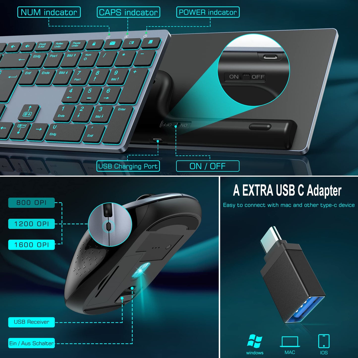 Wireless Keyboard and Mouse Combo Rechargeable, Full Size Wireless Keyboard with Backlit, 2.4G Silent USB Wireless Keyboard Mouse Combo [with USB C Adapter] for Windows, Mac OS Desktop/Laptop/PC