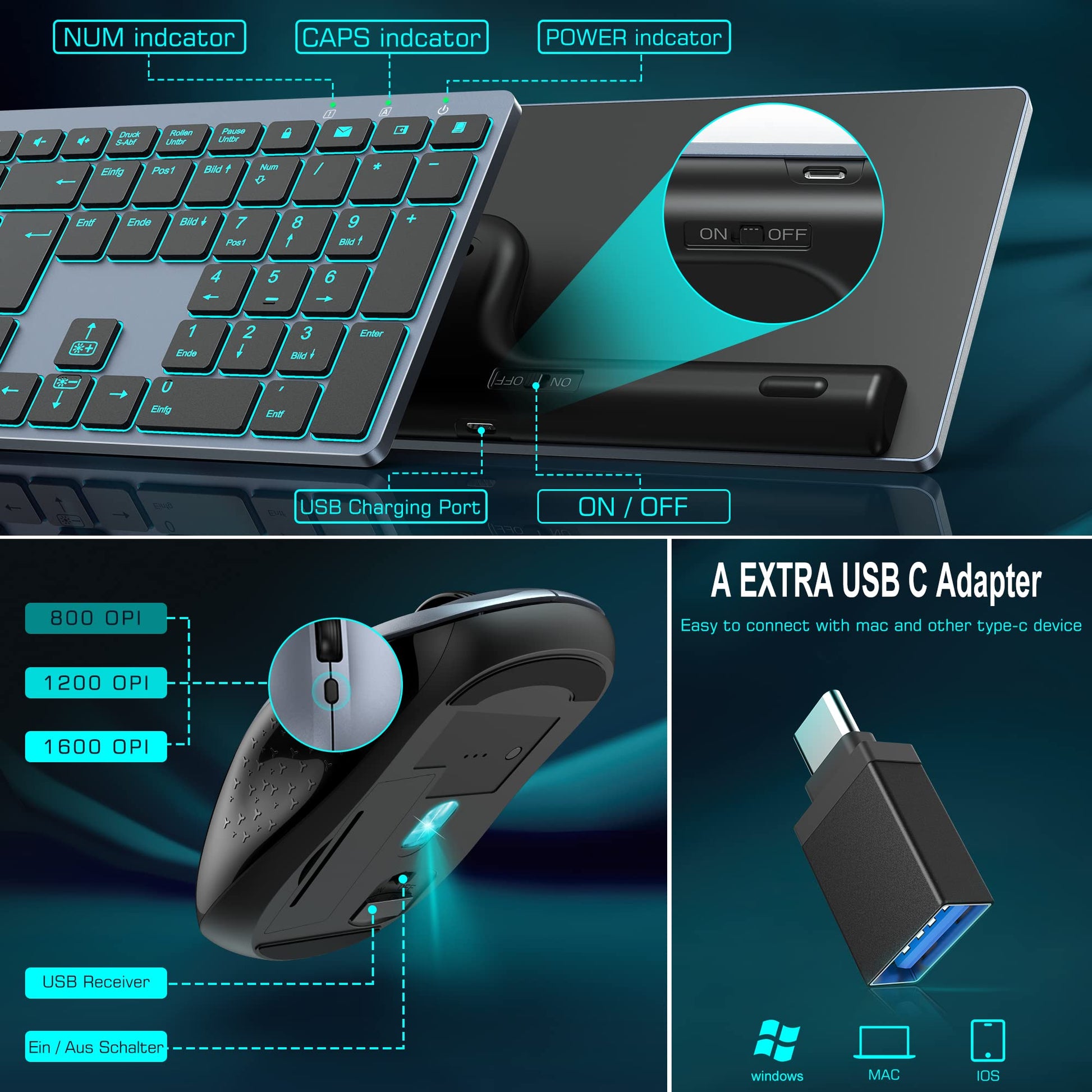 Wireless Keyboard and Mouse Combo Rechargeable, Full Size Wireless Keyboard with Backlit, 2.4G Silent USB Wireless Keyboard Mouse Combo [with USB C Adapter] for Windows, Mac OS Desktop/Laptop/PC