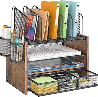 4-Tier Mesh and Wooden Desk Organizer with File and Pen Holders